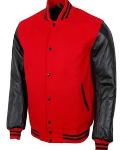 frontside of men red varsity jacket