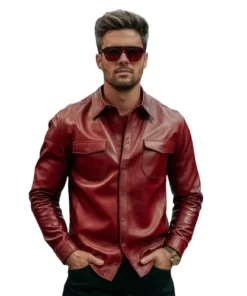 mens red leather shirt