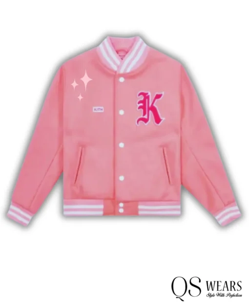 pink and white letterman jacket