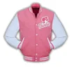 pink and white varsity jacket