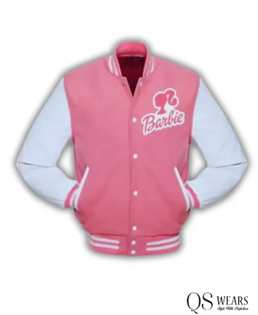 pink and white varsity jacket