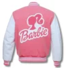 white and pink letterman varsity jacket
