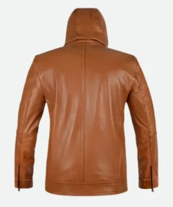 brown leather hooded jacket back