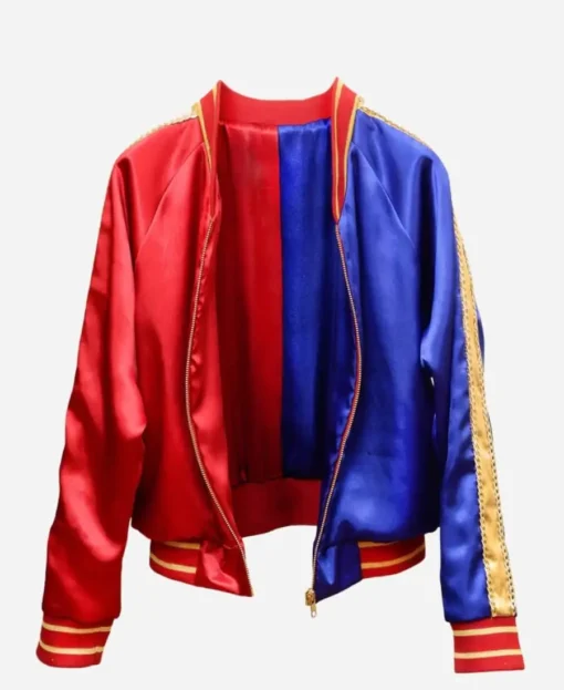 red and blue bomber jacket harley quinn