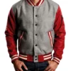 red and gray varsity jacket