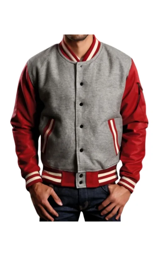 red and gray varsity jacket