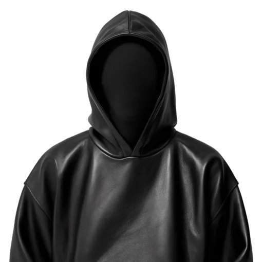 black leather hoodie jacket