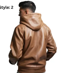 mens beige leather hoodie back
