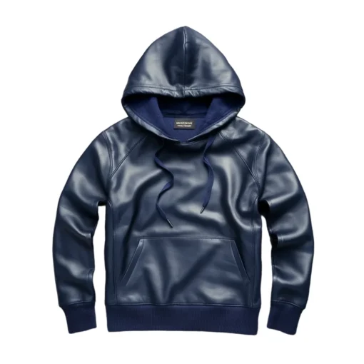 navy blue leather hoodie jacket