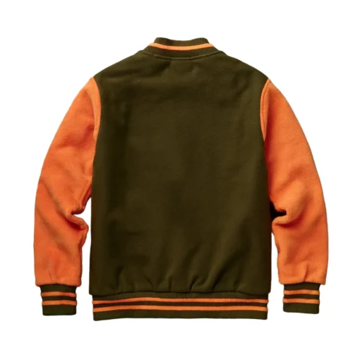 olive green and orange varsity jacket back