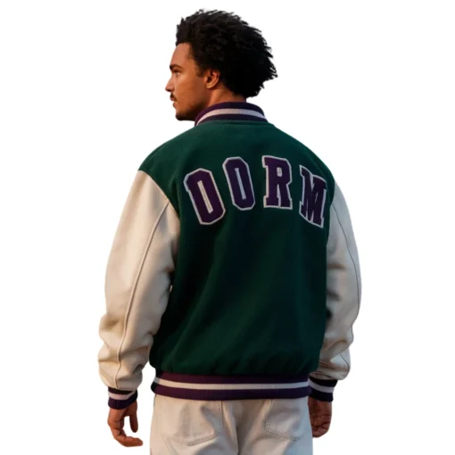 purple and green varsity jacket