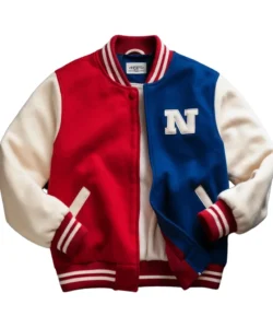 red white and blue varsity jacket