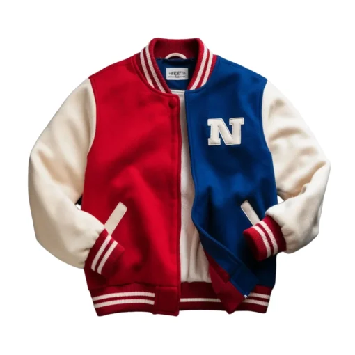 red white and blue varsity jacket