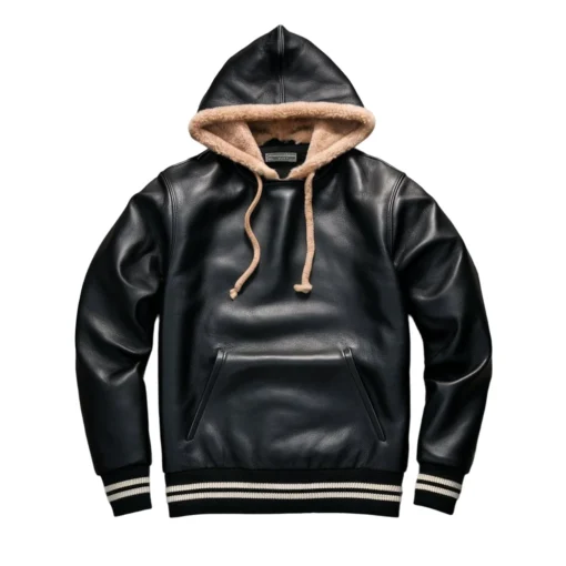 Douglas Black Leather Hoodie with Fur