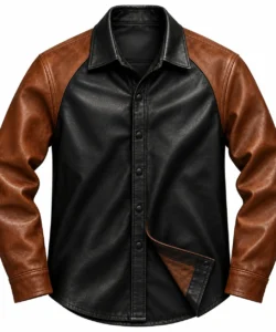 Marvin Black Leather Shirt with Brown Sleeves
