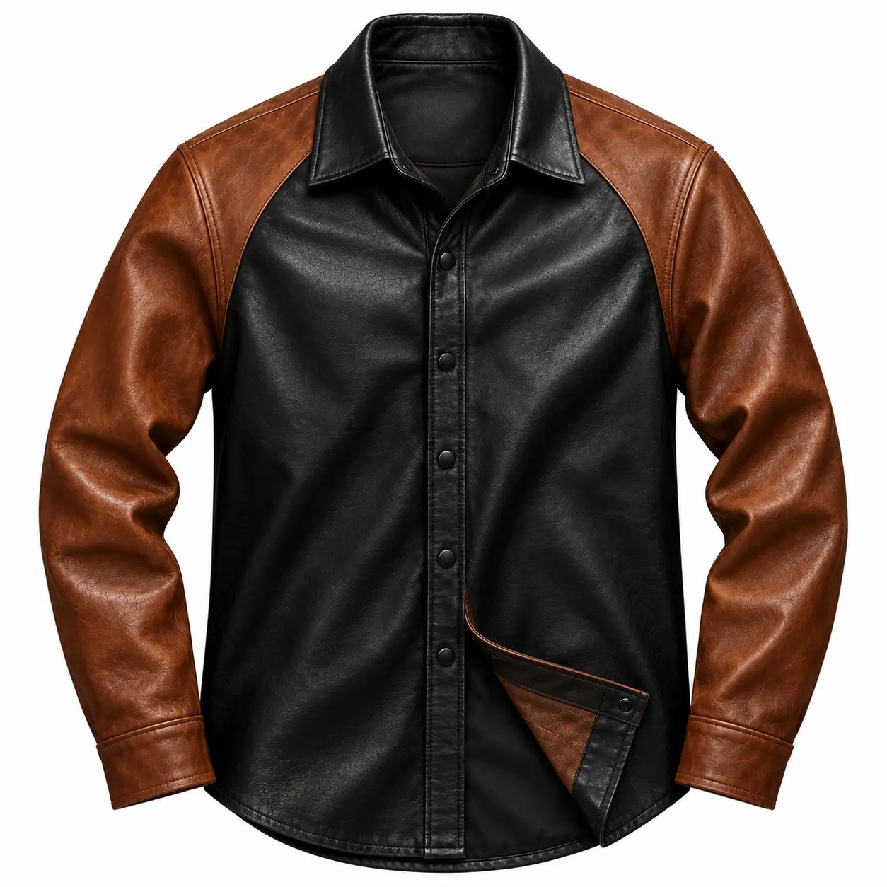 Marvin Black Leather Shirt with Brown Sleeves