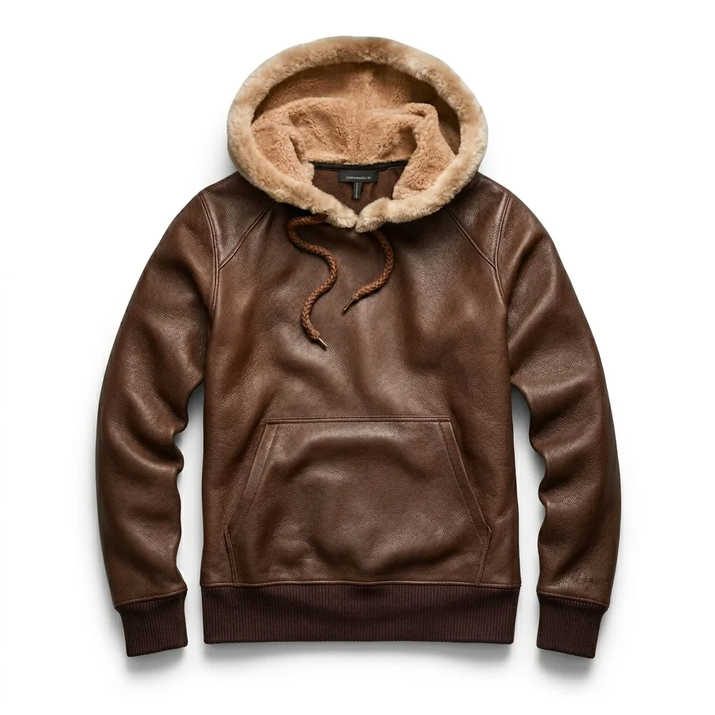 Santner Real Leather Shearling Fur Hoodie in Dark Chestnut