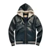 kaden dark blue leather hoodie jacket