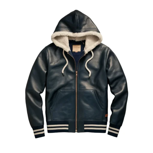 kaden dark blue leather hoodie jacket