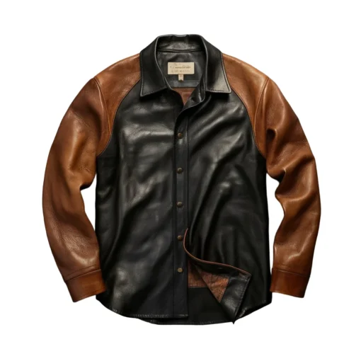 marvin black leather shirt with brown sleeves