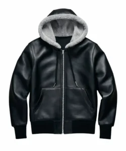 Garret Black Hoodie Leather Jacket with Shearling Collar