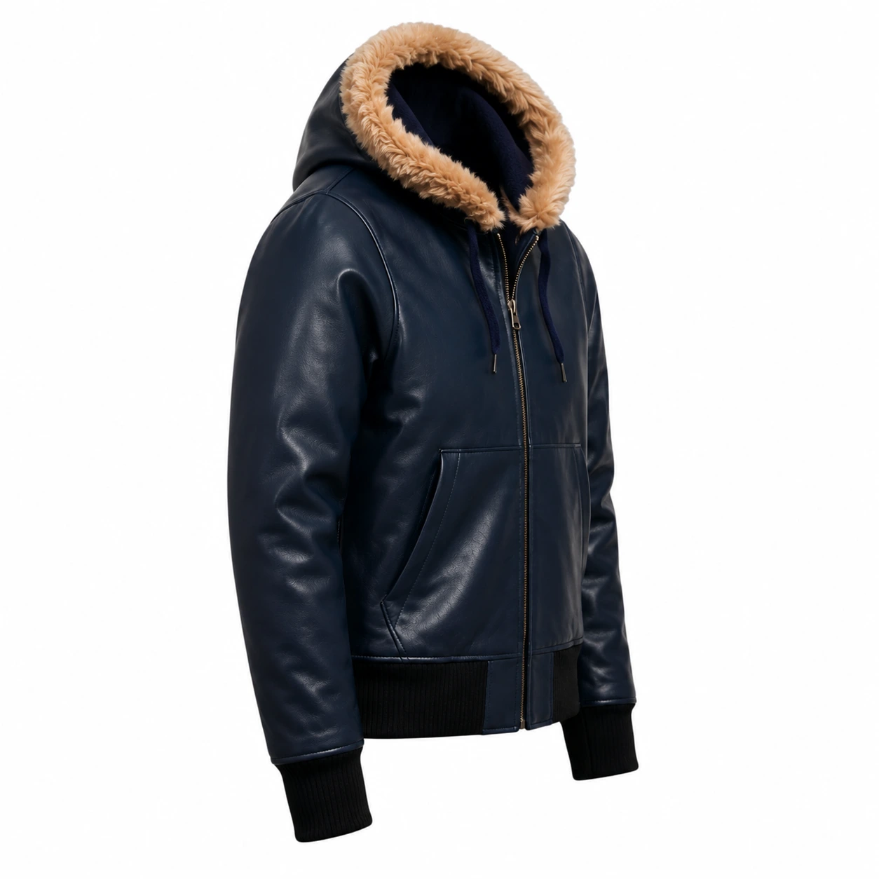Hugo Navy Blue Leather Hoodie Jacket with Plush Fur Collar