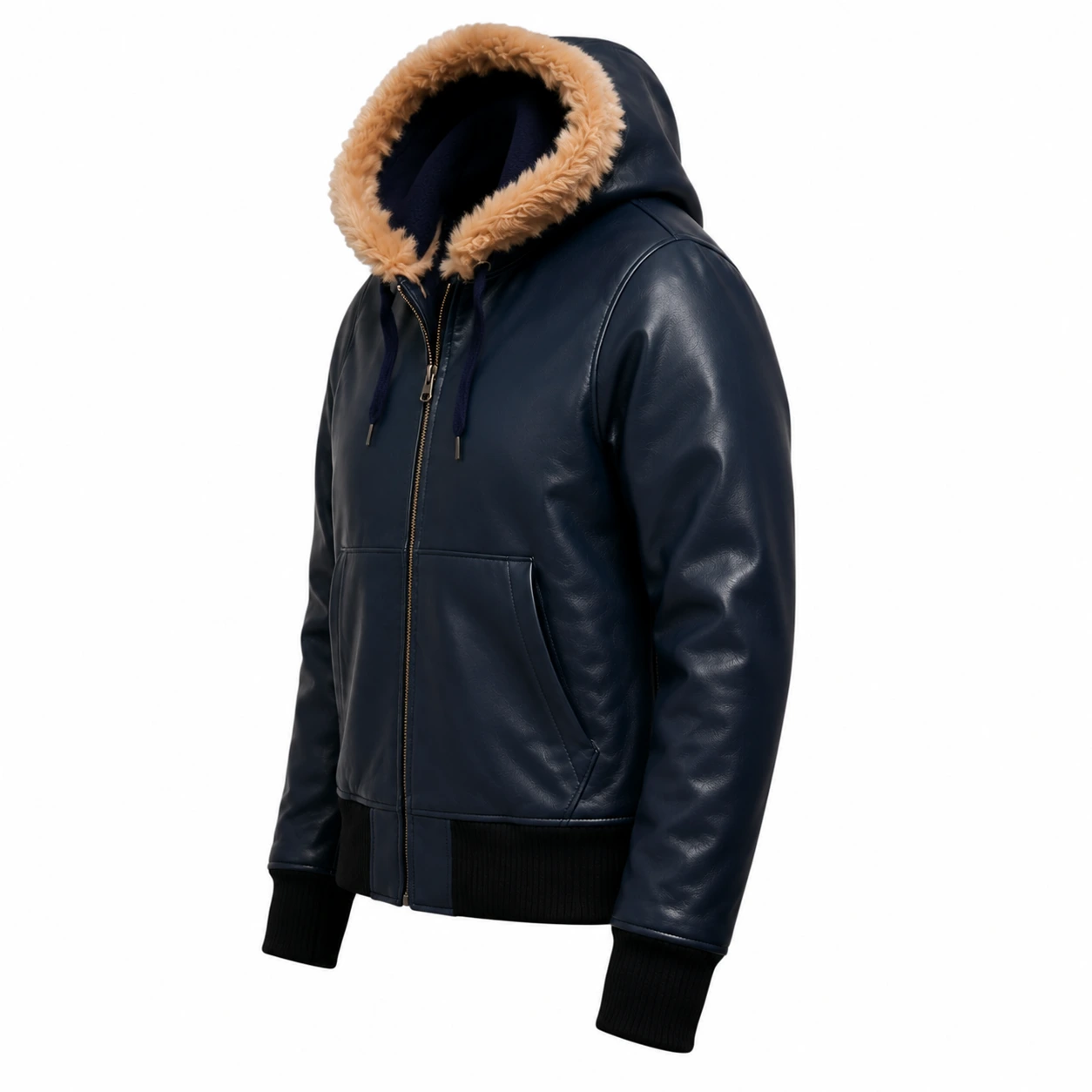 Hugo Navy Blue Leather Hoodie Jacket with Plush Fur Collar - Image 3
