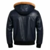 Hugo Navy Blue Leather Hoodie Jacket with Plush Fur Collar - Image 2