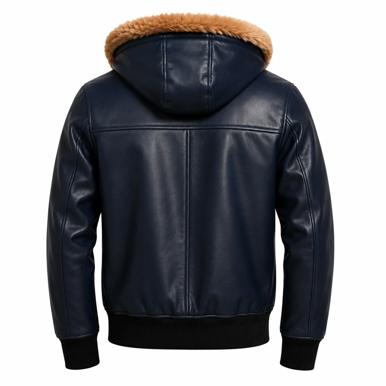 Hugo Navy Blue Leather Hoodie Jacket with Plush Fur Collar - Image 2