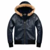 Hugo Navy Blue Leather Hoodie Jacket with Plush Fur Collar