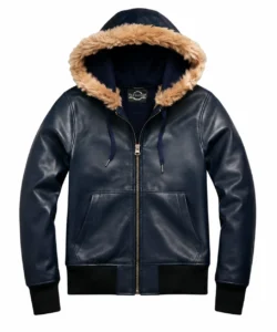 Hugo Navy Blue Leather Hoodie Jacket with Plush Fur Collar