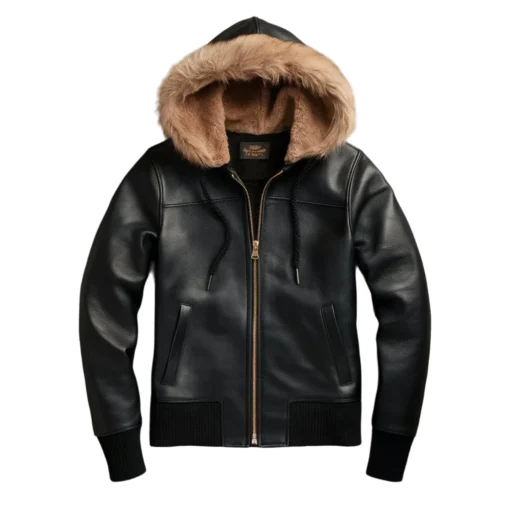 gavin black leather hoodie beige fur