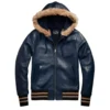 hugo navy blue leather hoodie plush collar