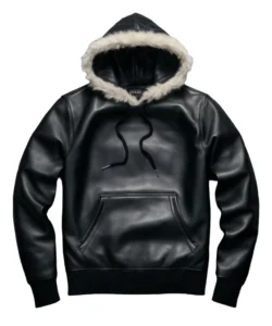 ulrich black leather sweatshirt with fur hood