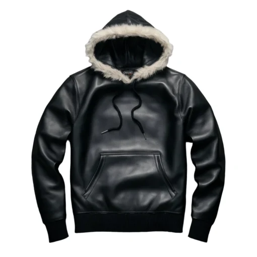 ulrich black leather sweatshirt with fur hood