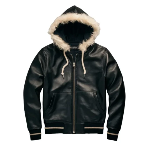 zacarias black leather sweatshirt with fur lining