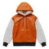 orange and white leather hooded sweatshirt