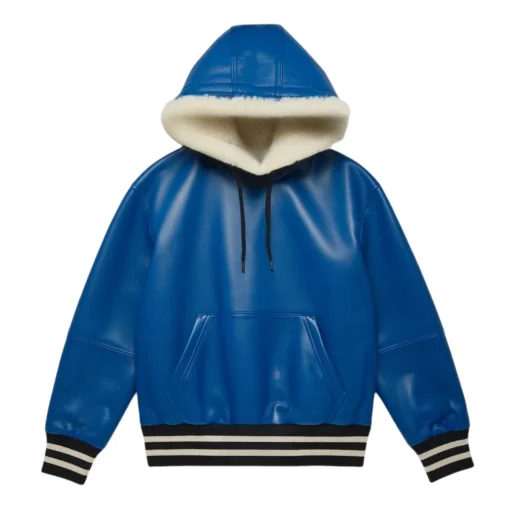 rich blue hoodie leather pullover jacket