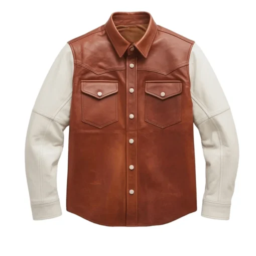 brown leather shirt with white sleeves