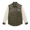 green leather shirt with white sleeves