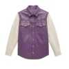 purple leather shirt with white sleeves