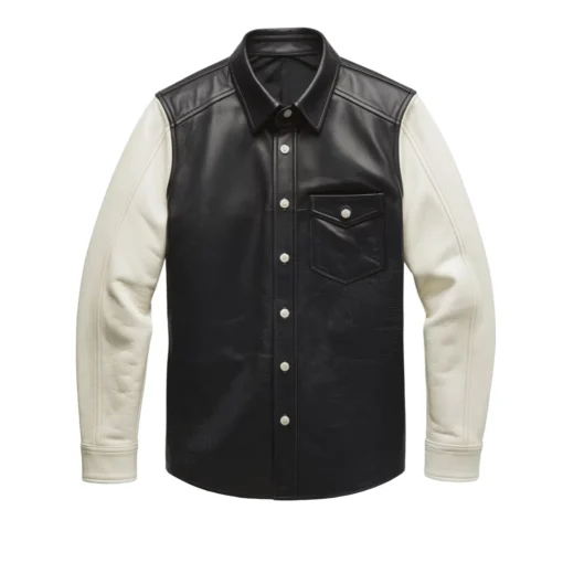 black leather shirt with white sleeves