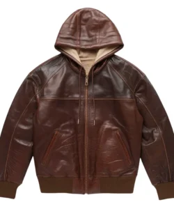 midnight brown leather jacket with sweatshirt hood