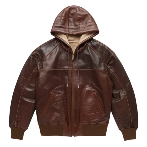 midnight brown leather jacket with sweatshirt hood