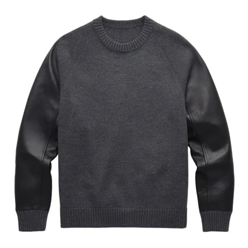 dimitri grey sweater with faux leather sleeves