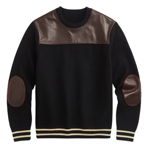 emory black sweater with leather patches​