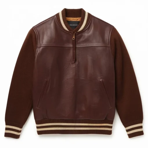 langston brown leather jacket with sweater sleeves