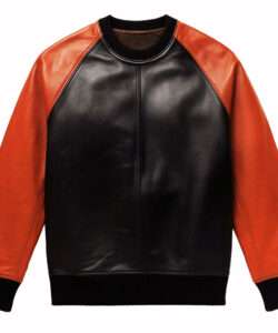 black leather sweater with orange sleeves