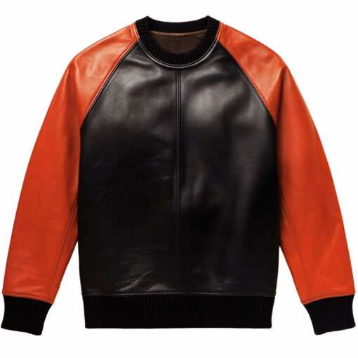 black leather sweater with orange sleeves