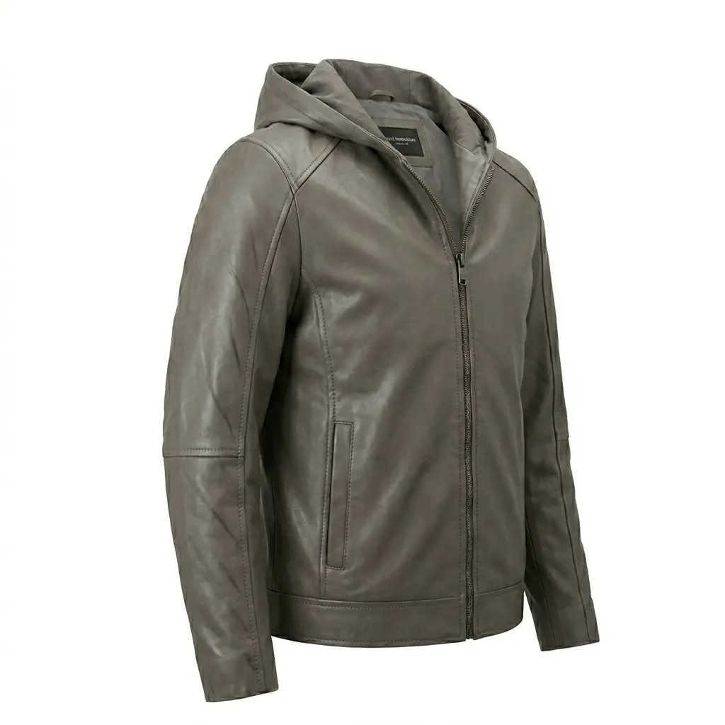 Grey Leather Jacket with Hood
